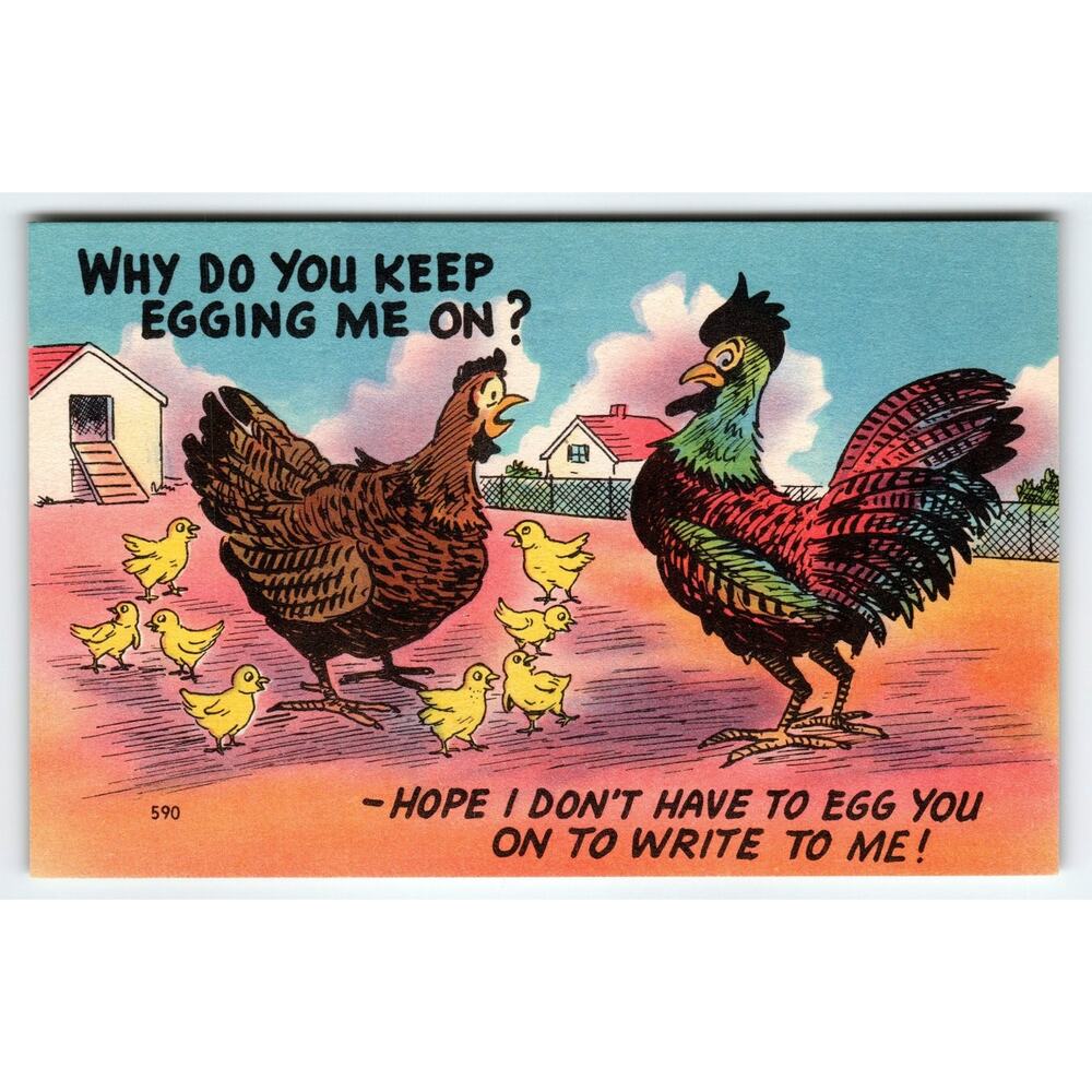 Vintage 1950s Linen Comic Postcard Why Do You Keep Egging Me On?